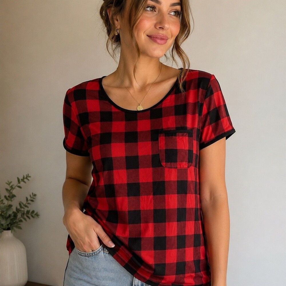 Ekouaer Sleepshirt Womens Size M Red & Black Buffalo Plaid Scoop Neck